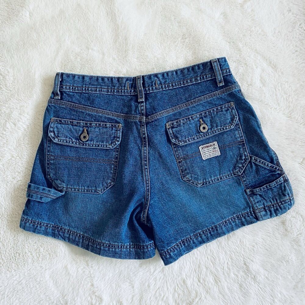 Vintage y2k Women's High Rise Hydraulic Blue Denim Carpenter Jean Shorts Sz 12